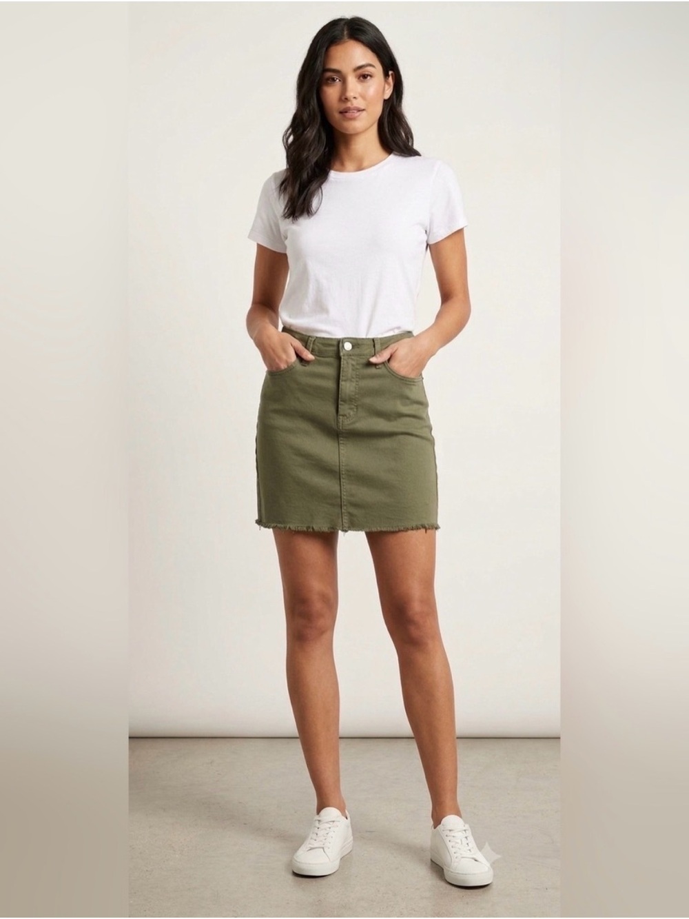 Just Black Olive Denim Mini Skirt with Raw Hem